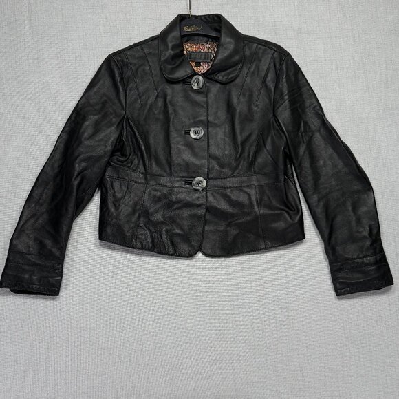 Vintage Wilsons Leather Jacket Black Button Front Short Length Size XL - Picture 1 of 14
